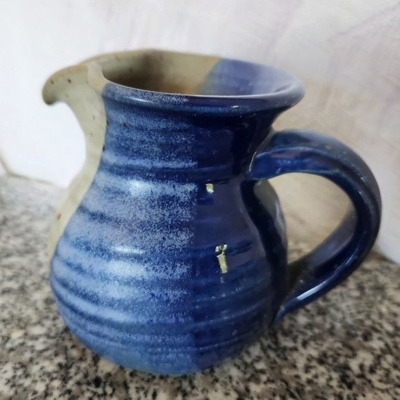 Vintage Hand Thrown Signed Pottery Blue & Grey Mini Pitcher / Creamer - Picture 1 of 6